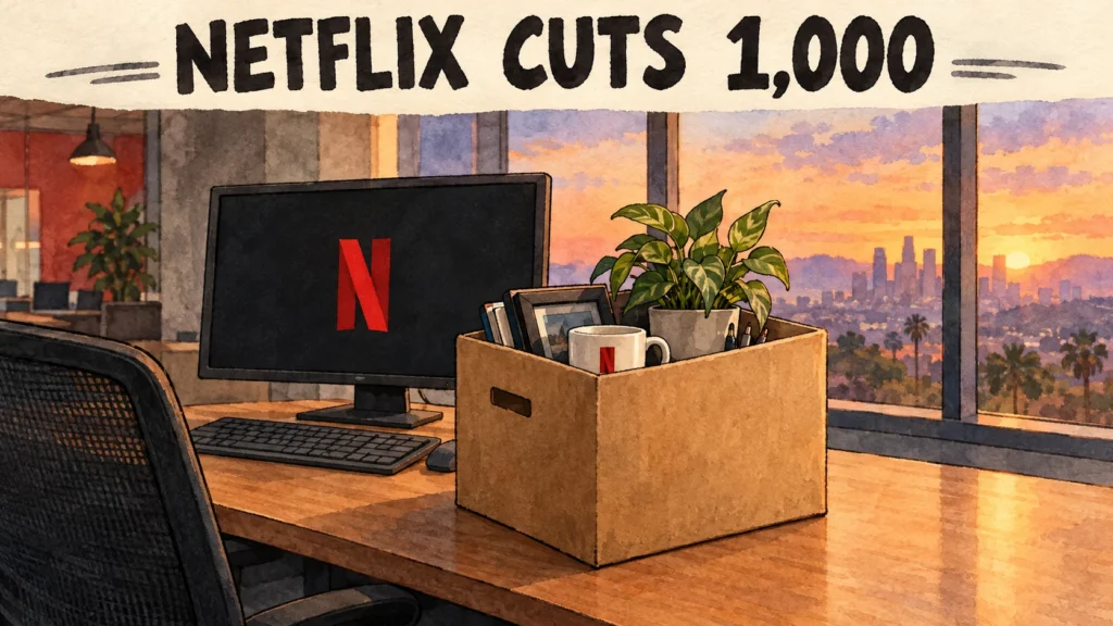 Cartoon of a desk with a moving box at Netflix offices after layoffs