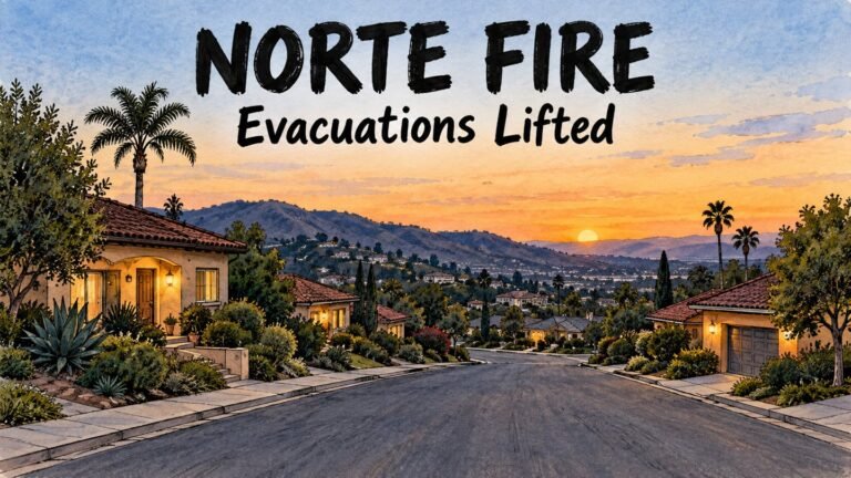 Norte Fire Evacuation Orders Lifted: San Clemente and San Juan Capistrano Residents Return as Containment Hits 25% 677 Hand-drawn editorial illustration of a calm Southern California street at dusk after the Norte Fire evacuation orders were lifted, no flames
