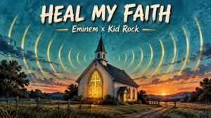 Eminem Kid Rock 'Heal My Faith': The Story Behind the Song 5 Hand-drawn editorial illustration of a country church with glowing stained glass and gold sound waves at dusk, for Eminem and Kid Rock's Heal My Faith