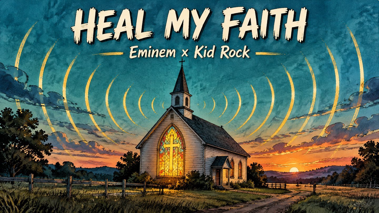 Hand-drawn editorial illustration of a country church with glowing stained glass and gold sound waves at dusk, for Eminem and Kid Rock's Heal My Faith