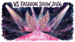 Victoria's Secret Fashion Show 2026: Start Time and How to Watch Free Tonight 3 Hand-drawn editorial illustration of the Victoria's Secret Fashion Show 2026 runway with angel wings and spotlights