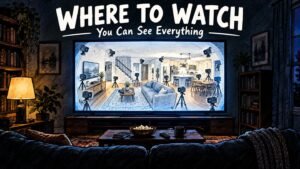 Hand-drawn editorial illustration of a living room TV showing a house covered in documentary cameras, headlined Where to Watch You Can See Everything