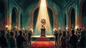 Why Colman Domingo Is Trending: Vantage Award Honor at the Academy Museum Gala Editorial illustration of a golden film award trophy under a spotlight on the Academy Museum Gala stage, for Colman Domingo receiving the Vantage Award