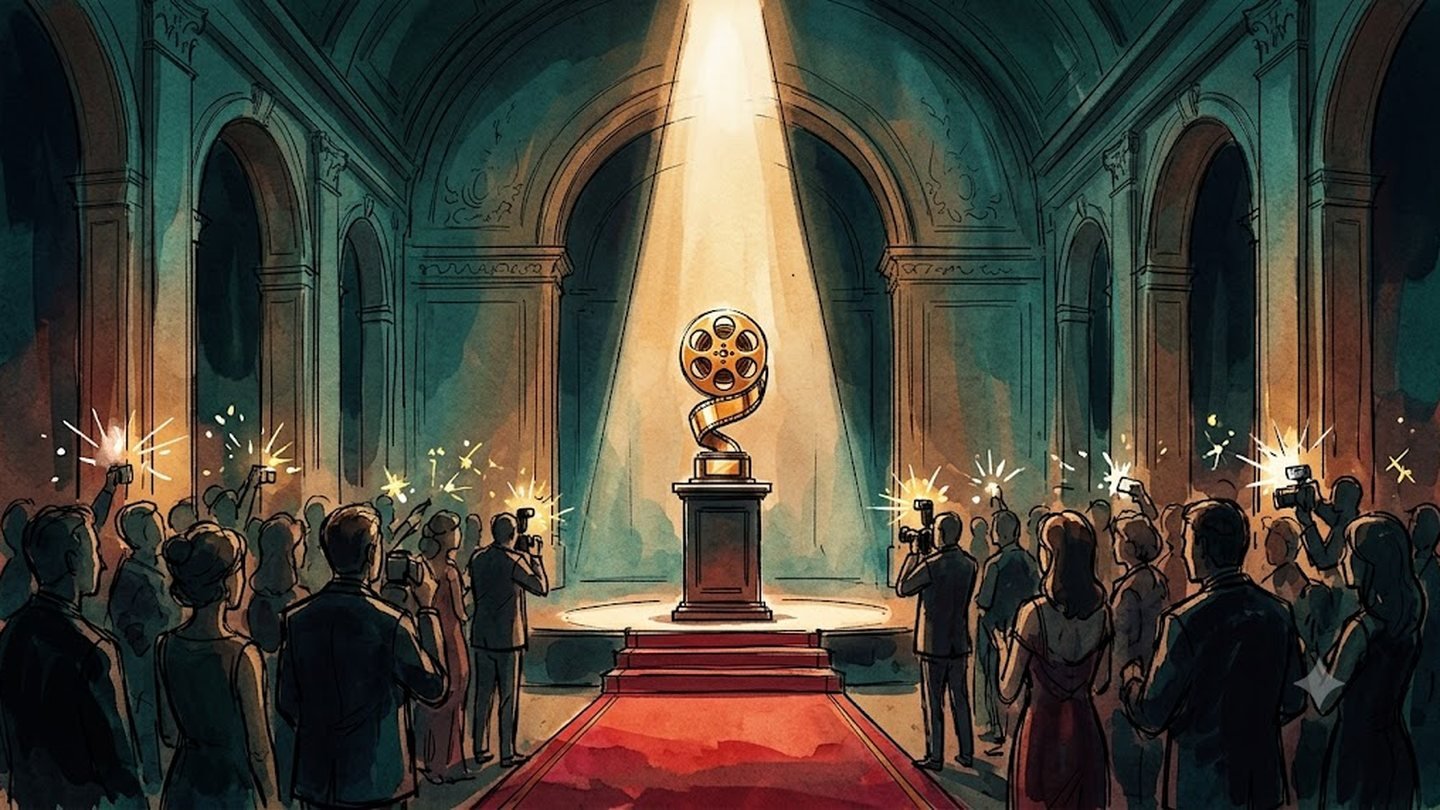 Editorial illustration of a golden film award trophy under a spotlight on the Academy Museum Gala stage, for Colman Domingo receiving the Vantage Award