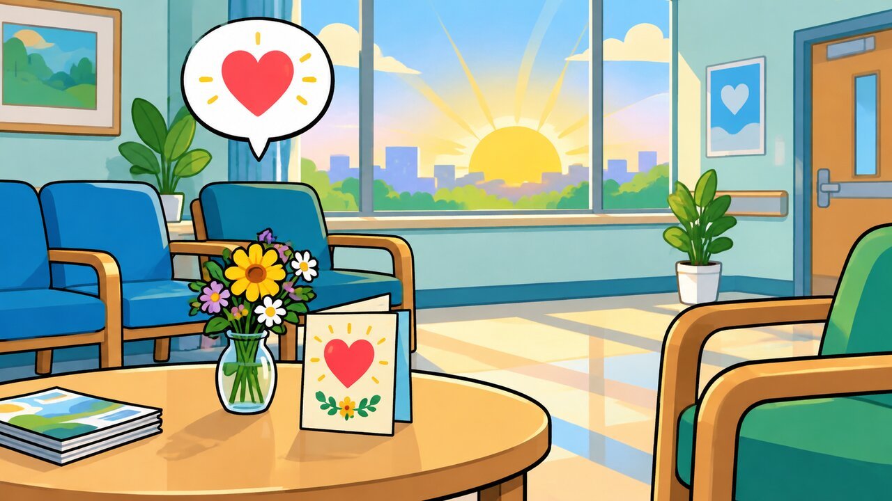 2D cartoon of a hospital waiting room at sunrise with flowers and a get-well card
