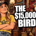 Editorial cartoon of Kelly Clarkson eyeing a $15,000 singing bird in a Brooklyn shop, not a photograph