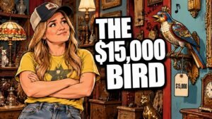 Editorial cartoon of Kelly Clarkson eyeing a $15,000 singing bird in a Brooklyn shop, not a photograph