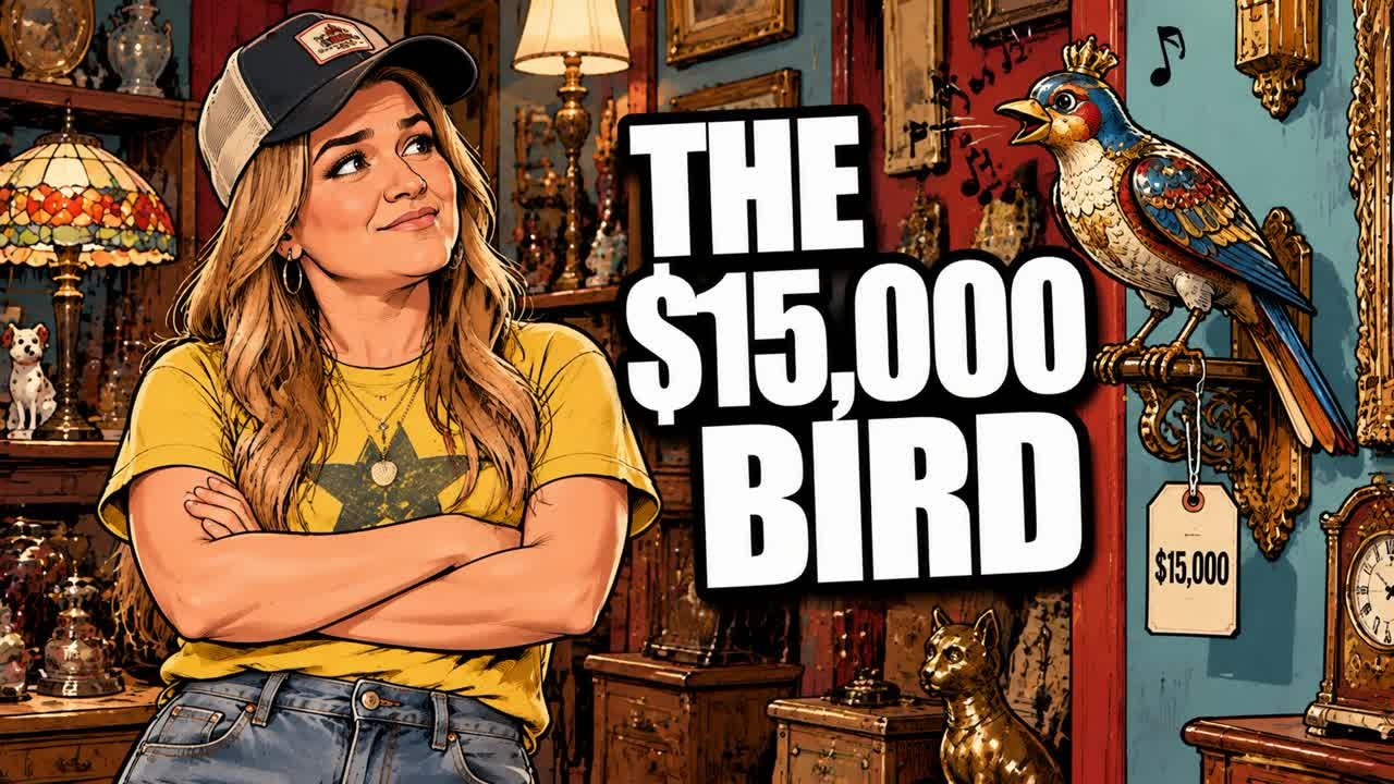 Editorial cartoon of Kelly Clarkson eyeing a $15,000 singing bird in a Brooklyn shop, not a photograph