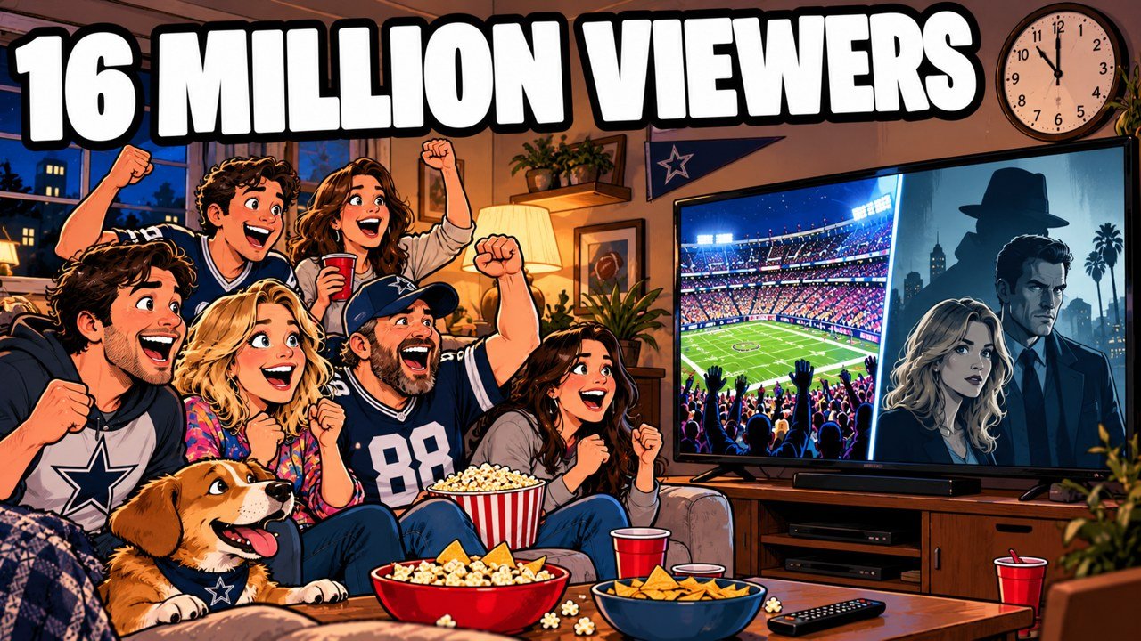 Editorial cartoon of fans cheering in front of a TV split between a football stadium and a mystery show. An illustration, not a photograph.