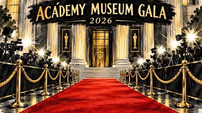 Academy Museum Gala 2026: Taylor Swift Performs as Charlize Theron, John Carpenter and Colman Domingo Are Honored 644 Hand-drawn editorial illustration of the Academy Museum Gala 2026 red carpet with gold ropes and camera flashes, no people
