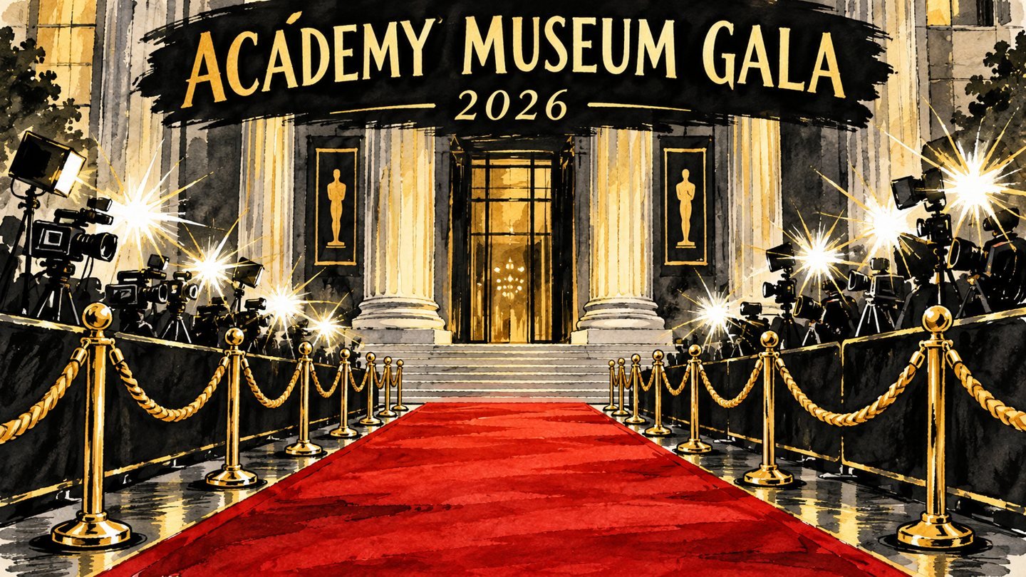 Hand-drawn editorial illustration of the Academy Museum Gala 2026 red carpet with gold ropes and camera flashes, no people