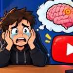 2D cartoon of a worried, tearful YouTuber with a play button and a brain in a thought cloud. Editorial illustration, not Grace Helbig.