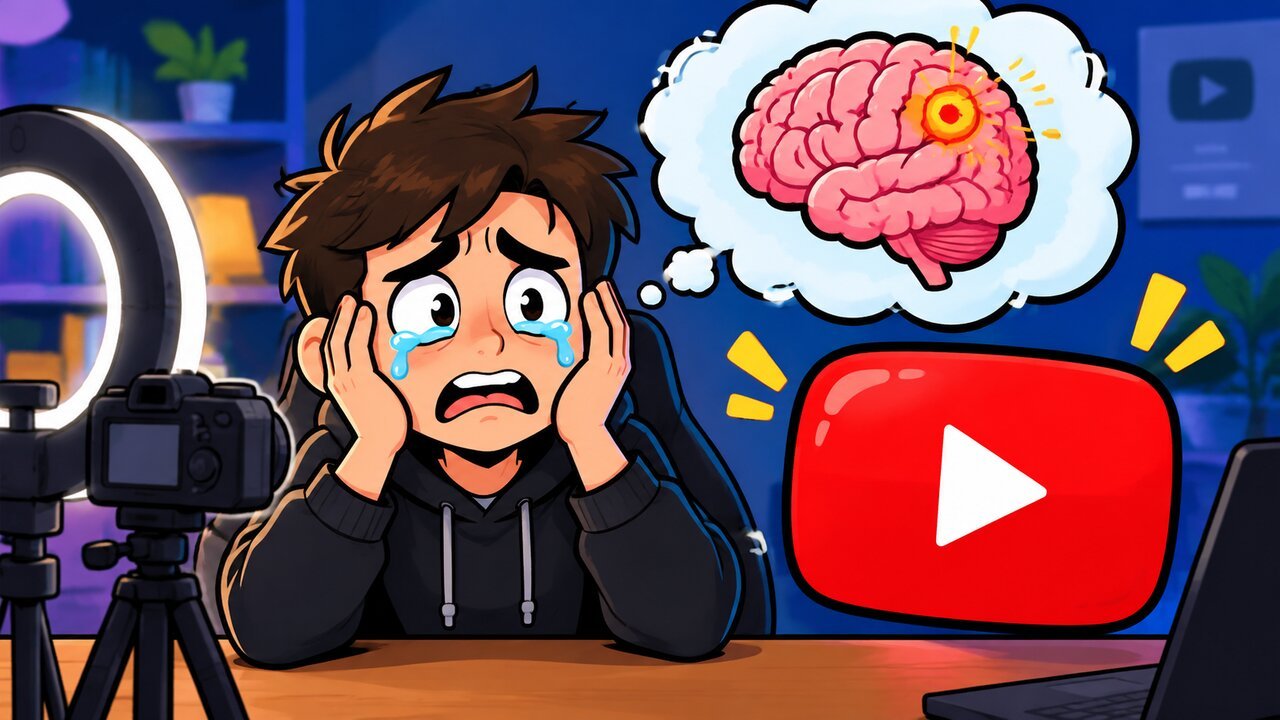 2D cartoon of a worried, tearful YouTuber with a play button and a brain in a thought cloud. Editorial illustration, not Grace Helbig.