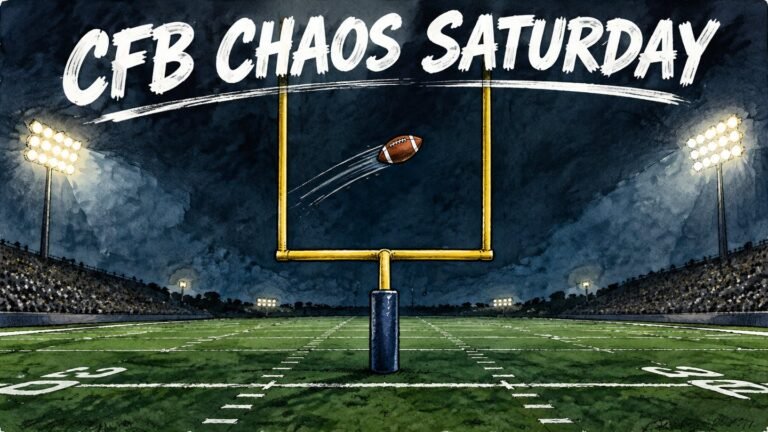 College Football Scores Today: Five of the AP Top 8 Fall on a Historic Saturday 673 Hand-drawn editorial illustration of a football flying through the goalposts on a dark green college football field at night