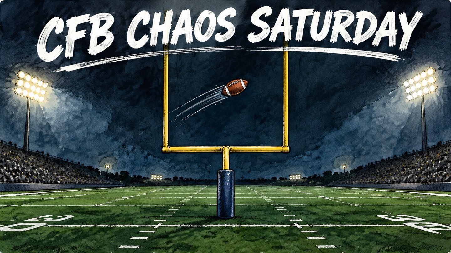 Hand-drawn editorial illustration of a football flying through the goalposts on a dark green college football field at night