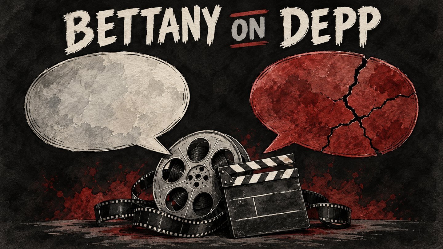 Hand-drawn editorial illustration of two speech bubbles, one cracked, over a film reel and clapperboard, for Paul Bettany's interview about Johnny Depp