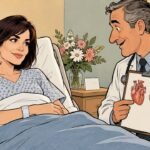Hand-drawn editorial cartoon of Selma Blair in a hospital bed talking with a doctor who holds a heart and brain drawing, flowers on the table. Illustration, not a photograph.