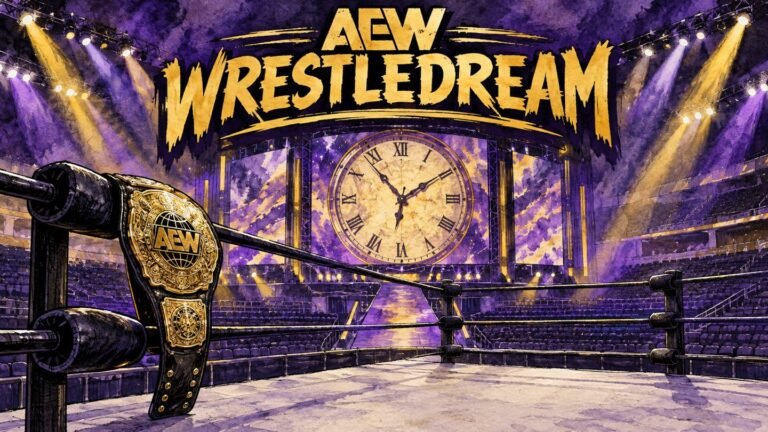 AEW WrestleDream 2026 Results: Will Ospreay Wins First-Ever Clockwork Carnage on a Buzzer Beater 672 Hand-drawn editorial illustration of an AEW championship belt on wrestling ring ropes with a giant clock on the arena screen at WrestleDream