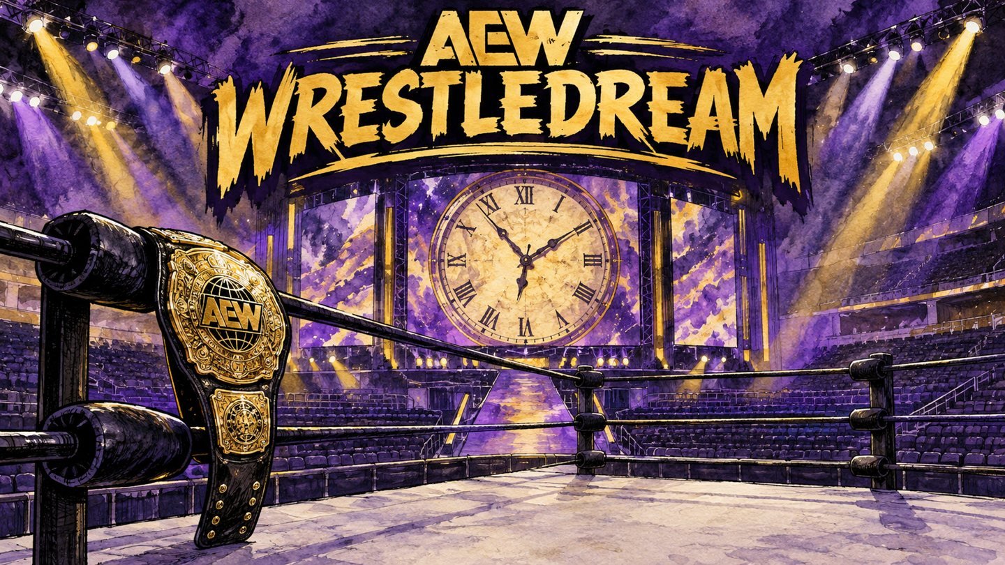 Hand-drawn editorial illustration of an AEW championship belt on wrestling ring ropes with a giant clock on the arena screen at WrestleDream