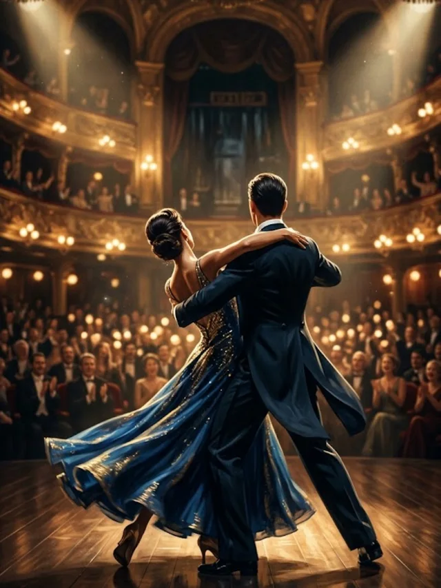 DWTS Dedication Night: Julia Stiles Honors Heath Ledger 698 Illustration of a ballroom dance couple on a golden theater floor, vertical poster