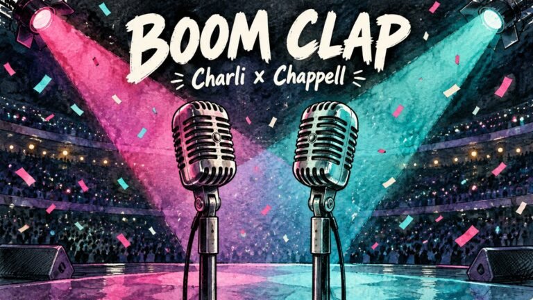 Chappell Roan Joins Charli XCX for 'Boom Clap' at Kia Forum as Music, Fashion, Film Tour Hits LA 643 Hand-drawn editorial illustration of two vintage microphones under pink and teal concert spotlights for Charli XCX and Chappell Roan's Boom Clap