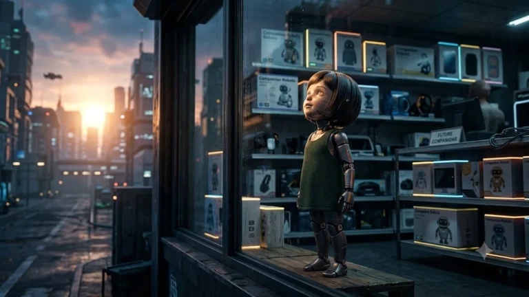 Klara and the Sun Movie: Release Date, Where to Watch and Why Critics Are Panning It 653 Illustration of a childlike companion robot gazing at the sunrise from a store window, inspired by the Klara and the Sun movie
