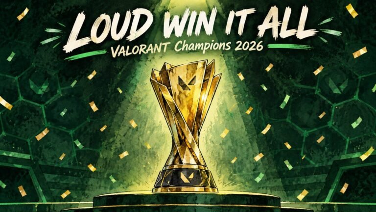 LOUD Beat Team Vitality 3-1 to Win VALORANT Champions 2026, Become First Two-Time World Champions 671 Hand-drawn editorial illustration of the gold VALORANT Champions 2026 trophy under a spotlight on a dark green stage for LOUD's win