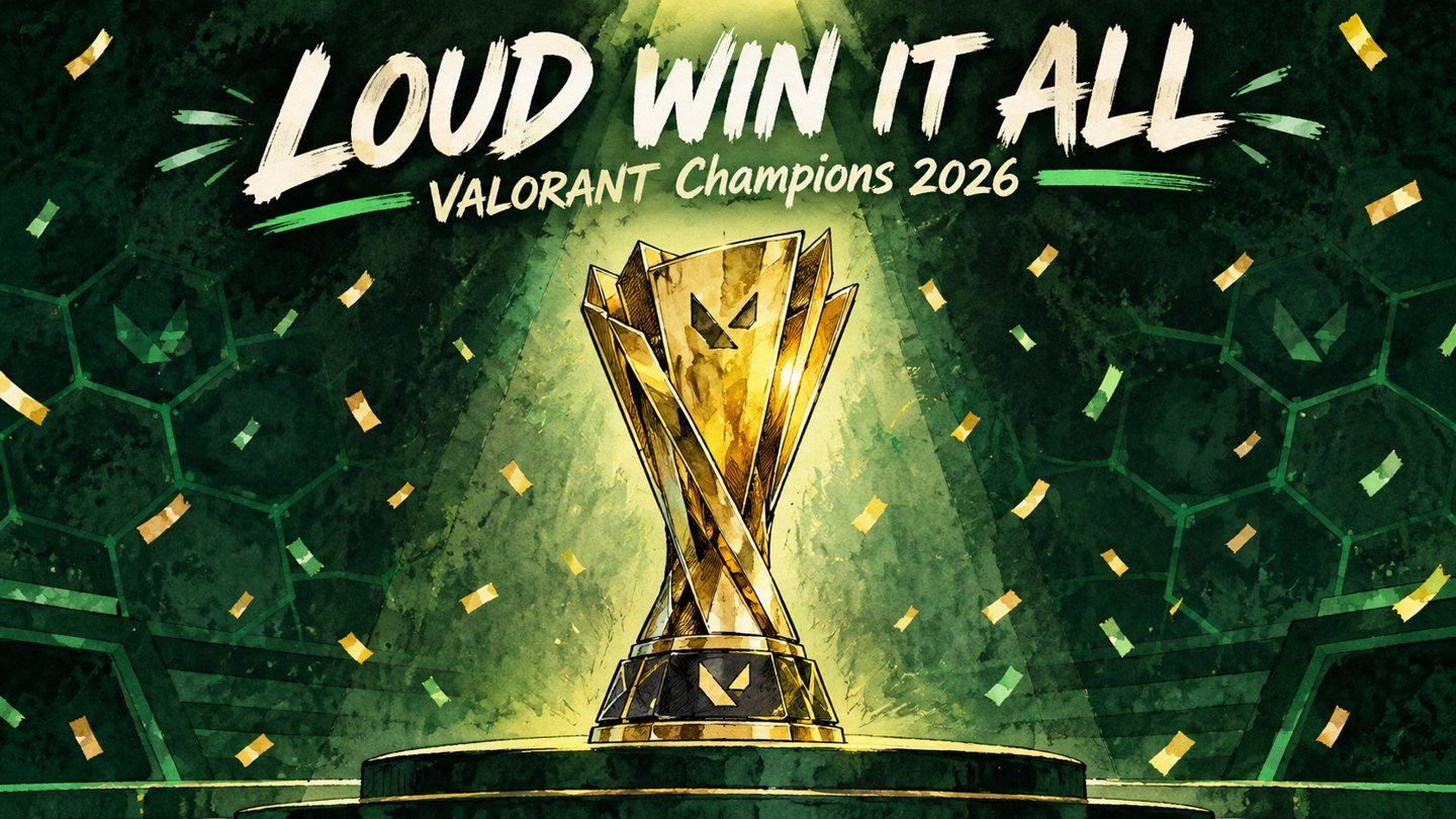 Hand-drawn editorial illustration of the gold VALORANT Champions 2026 trophy under a spotlight on a dark green stage for LOUD's win