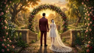 Illustration of a tall groom in a maroon suit and a bride with a long lace veil seen from behind at a botanical garden wedding, inspired by Jason Segel and Kayla Radomski