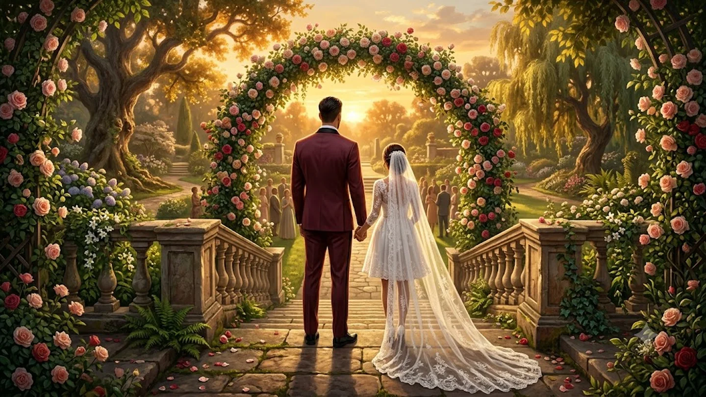 Illustration of a tall groom in a maroon suit and a bride with a long lace veil seen from behind at a botanical garden wedding, inspired by Jason Segel and Kayla Radomski