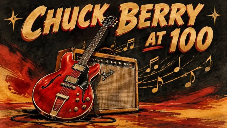 Chuck Berry 100th Birthday: Tributes, CHUCK100 and His Rock Legacy 642 Hand-drawn editorial illustration of a red electric guitar and vintage amplifier with gold music notes for Chuck Berry's 100th birthday