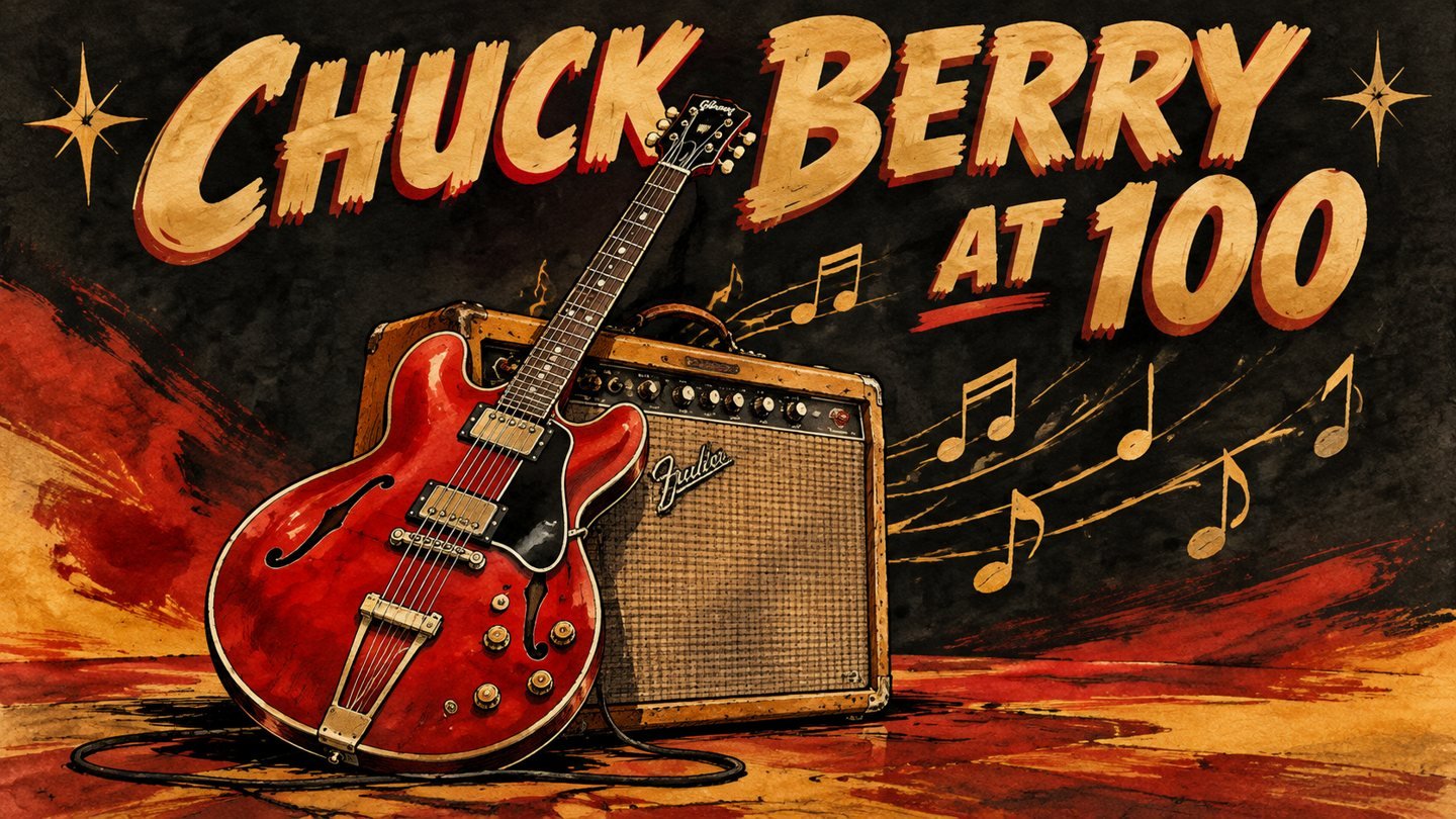 Hand-drawn editorial illustration of a red electric guitar and vintage amplifier with gold music notes for Chuck Berry's 100th birthday