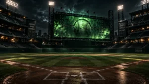 Illustration of an empty night baseball stadium with a giant screen glowing metallic green