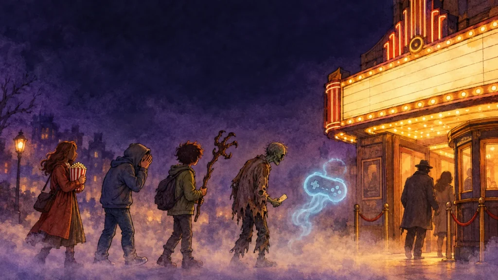 Hand-drawn editorial cartoon of the best horror movies of 2026 as a movie theater line at night: moviegoers, a zombie holding a ticket, a teen with a twisted monkey paw branch and a ghostly video game controller outside a glowing marquee.
