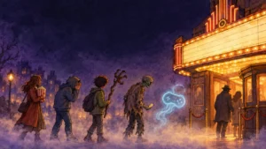 Best Horror Movies of 2026 So Far: The Essential Scary Movies, From Obsession to Resident Evil Hand-drawn editorial cartoon of the best horror movies of 2026 as a movie theater line at night: moviegoers, a zombie holding a ticket, a teen with a twisted monkey paw branch and a ghostly video game controller outside a glowing marquee.