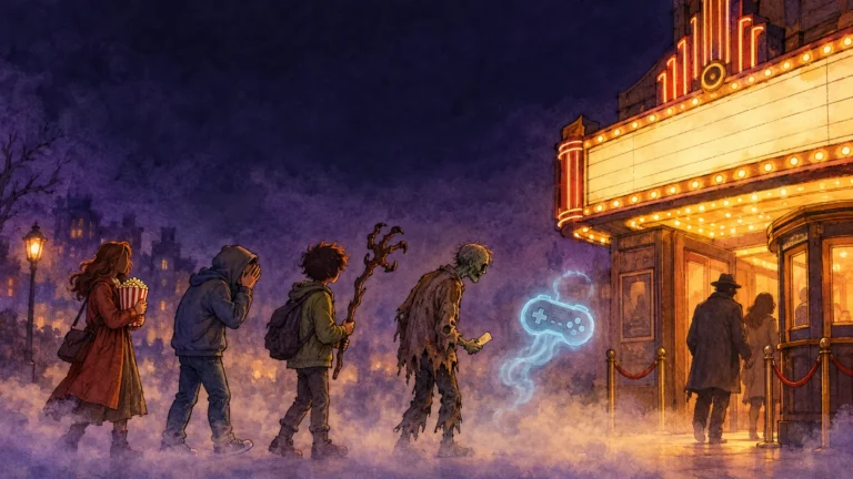 Best Horror Movies of 2026 So Far: The Essential Scary Movies, From Obsession to Resident Evil 656 Hand-drawn editorial cartoon of the best horror movies of 2026 as a movie theater line at night: moviegoers, a zombie holding a ticket, a teen with a twisted monkey paw branch and a ghostly video game controller outside a glowing marquee.