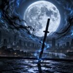 Where to Watch Bleach: Thousand-Year Blood War Finale (Oct. 26) 585 Illustration of a katana planted on a rooftop under a giant full moon with blue spirit energy, evoking the Bleach: Thousand-Year Blood War finale