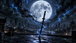 Illustration of a katana planted on a rooftop under a giant full moon with blue spirit energy, evoking the Bleach: Thousand-Year Blood War finale