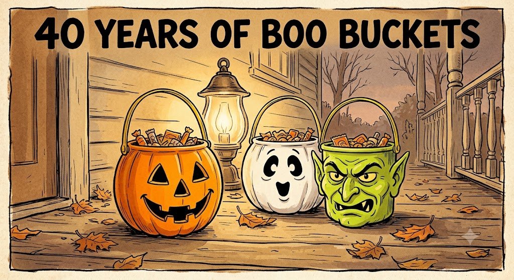 Retro illustration of three classic 1980s Halloween Boo Buckets marking 40 years of the McDonald's tradition