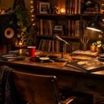 Illustration of a Tiny Desk style concert setup: a small wooden desk with a microphone, vinyl records and warm string lights, evoking the NPR performance