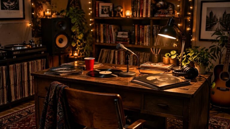 Cardi B's Tiny Desk Concert: Full Setlist and How to Watch 665 Illustration of a Tiny Desk style concert setup: a small wooden desk with a microphone, vinyl records and warm string lights, evoking the NPR performance