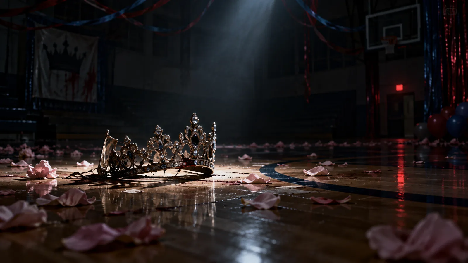 Illustration of a prom queen crown on a dark gymnasium floor scattered with pink petals under a spotlight
