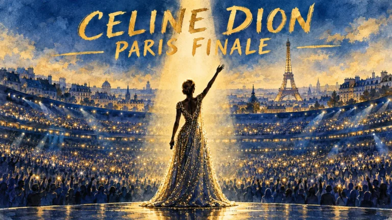 Celine Dion Closes Paris Residency With a Promise: 10 More Shows and a New Album in 2027 661 Hand-drawn editorial illustration of Celine Dion on stage at her Paris 2026 residency finale, arm raised before a sold-out arena with the Eiffel Tower behind