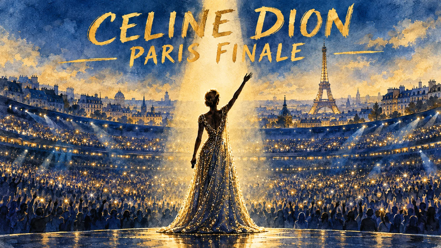 Hand-drawn editorial illustration of Celine Dion on stage at her Paris 2026 residency finale, arm raised before a sold-out arena with the Eiffel Tower behind