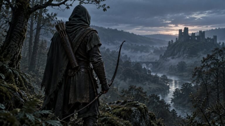 The Death of Robin Hood Is Now the No. 1 Movie on HBO Max 667 Illustration of a hooded medieval archer with a longbow overlooking a misty forest valley at dusk, evoking The Death of Robin Hood
