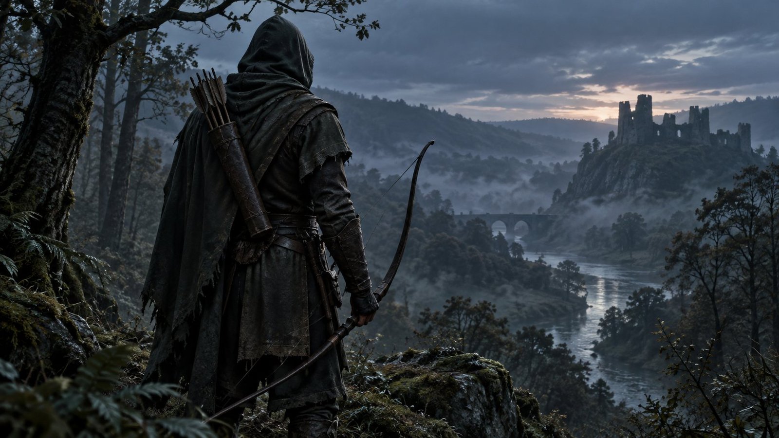 Illustration of a hooded medieval archer with a longbow overlooking a misty forest valley at dusk, evoking The Death of Robin Hood