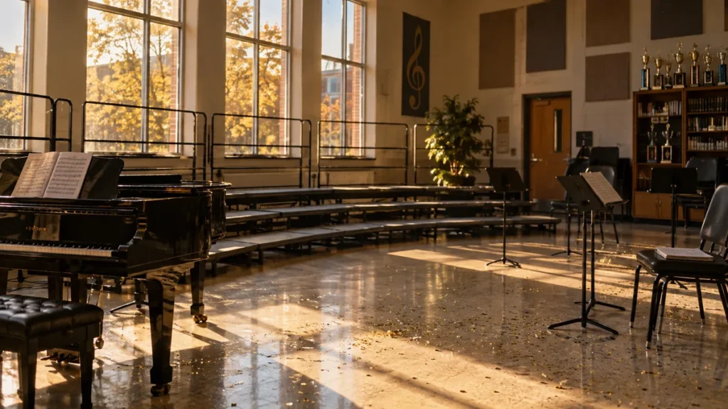 Glee Reboot Is Official at Disney+ and Hulu: What We Know 661 Illustration of an empty high school choir room with a piano, risers and music stands in warm afternoon light