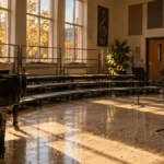 Glee Reboot Is Official at Disney+ and Hulu: What We Know 647 Illustration of an empty high school choir room with a piano, risers and music stands in warm afternoon light