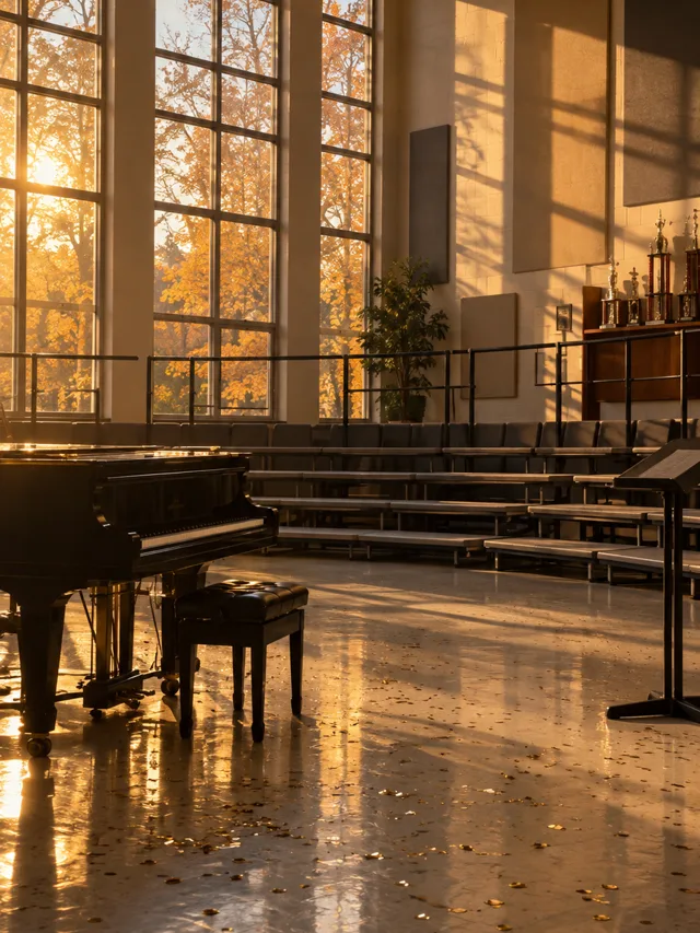 Illustration of an empty high school choir room, poster for the Glee reboot web story