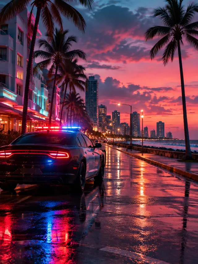 GTA 6 Wanted System Explained: Six Stars and the Hollow Star 713 Illustration of a police cruiser with flashing lights on a neon palm-lined street, poster for the GTA 6 wanted system web story
